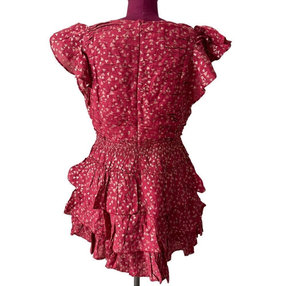 Anthropologie Mini Dress Short Sleeve Ruffled V neck Garnet Red size Large‎ - Picture 5 of 10